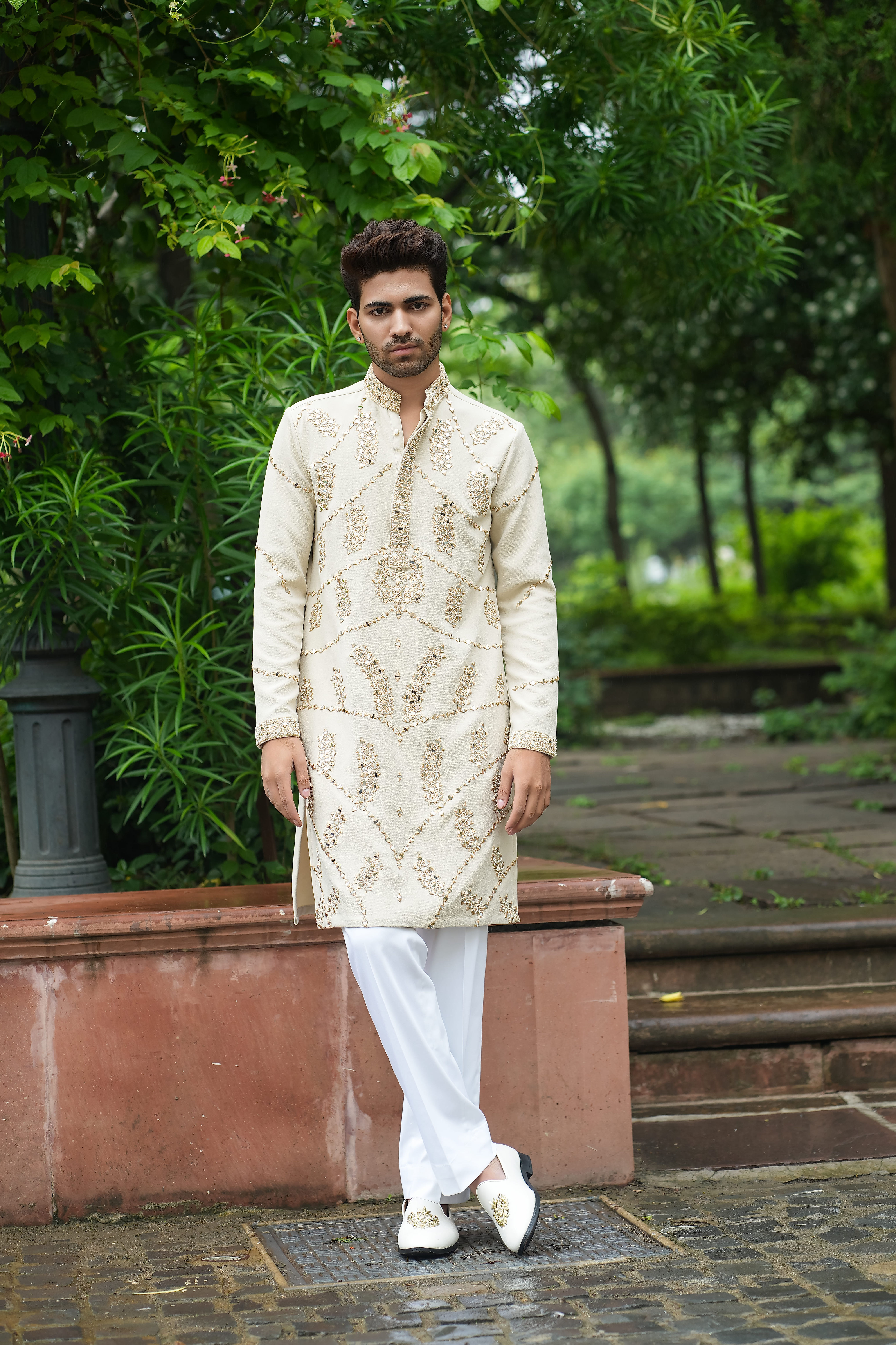BEIGE MIRROR WORK KURTA