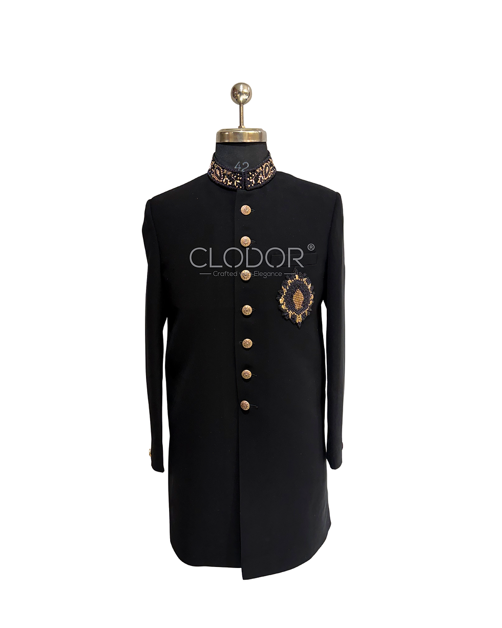 Classic black achkan set for men in Japanese crepe with hand embroidered collar – bespoke by Clodor