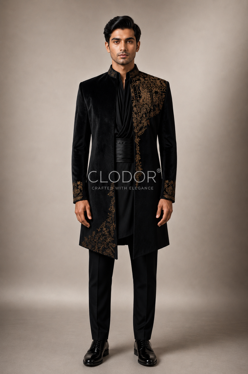 Men's Black Velvet Embroidered Shrug Set with antique gold sequin hand embroidery by CLODOR