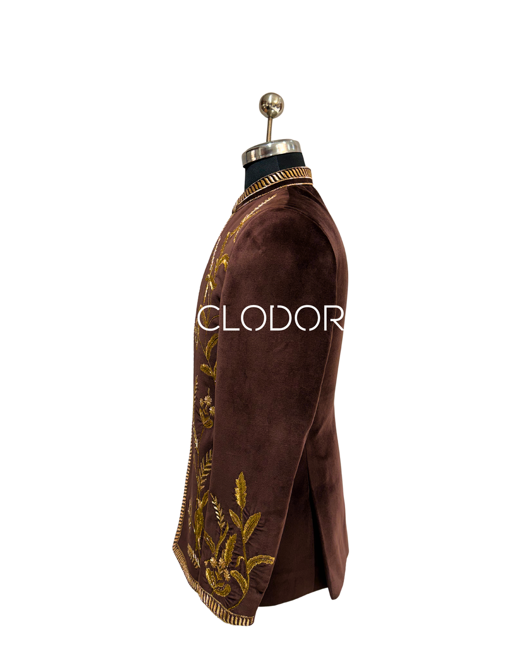 Intricate all-over golden zardozi hand embroidery motifs on maroon cotton velvet bandhgala – Clodor