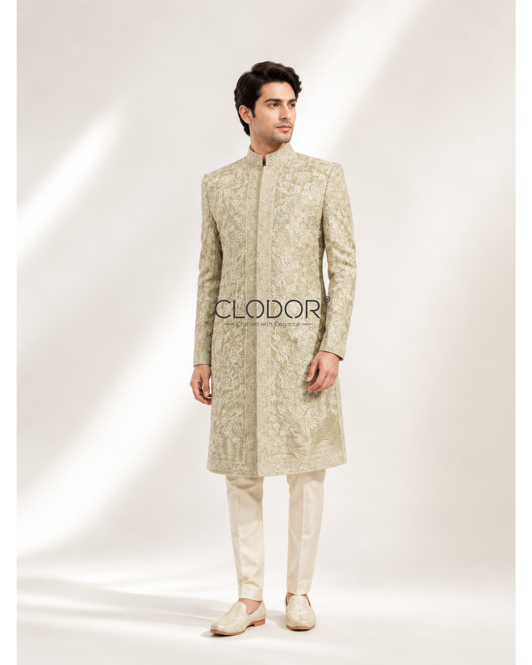 Light Green Resham Dupion Silk Achkan Ensemble for men in 100gm pure dupion silk with resham dori work embroidery