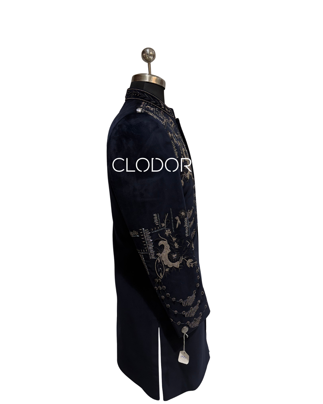 Full length midnight blue velvet achkan for men with regal structured silhouette – bespoke by Clodor
