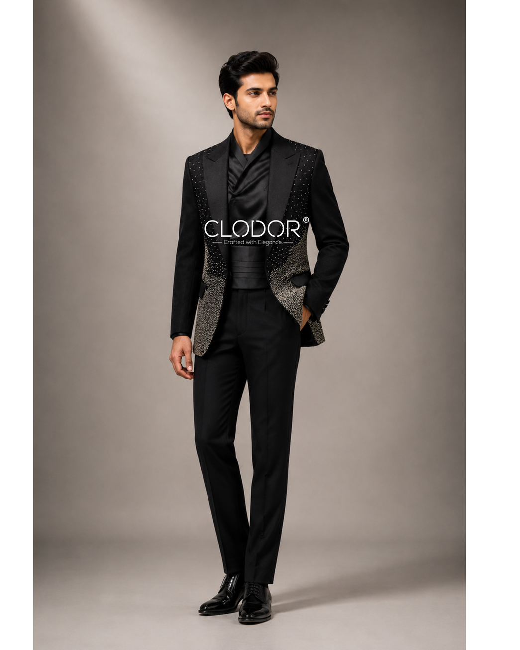 Satin Pearl Detailed Tuxedo Ensemble for men in black satin with ombre black and silver pearl hand embroidery
