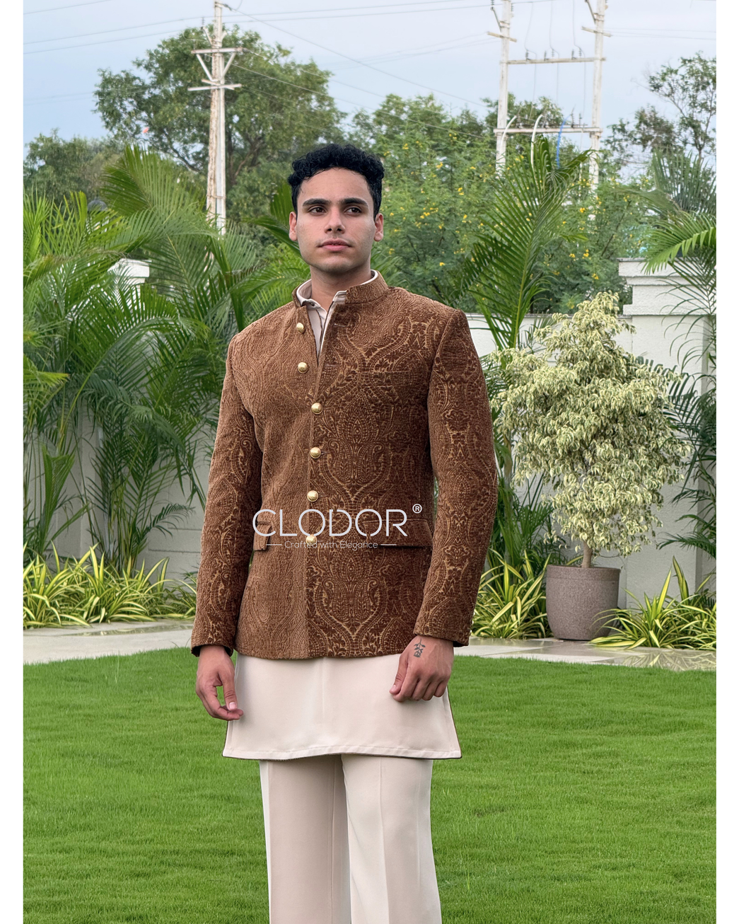 Beige Japanese fabric Beige Pathani Bandi Set with embossed velvet bandhgala front view — bespoke by Clodor.