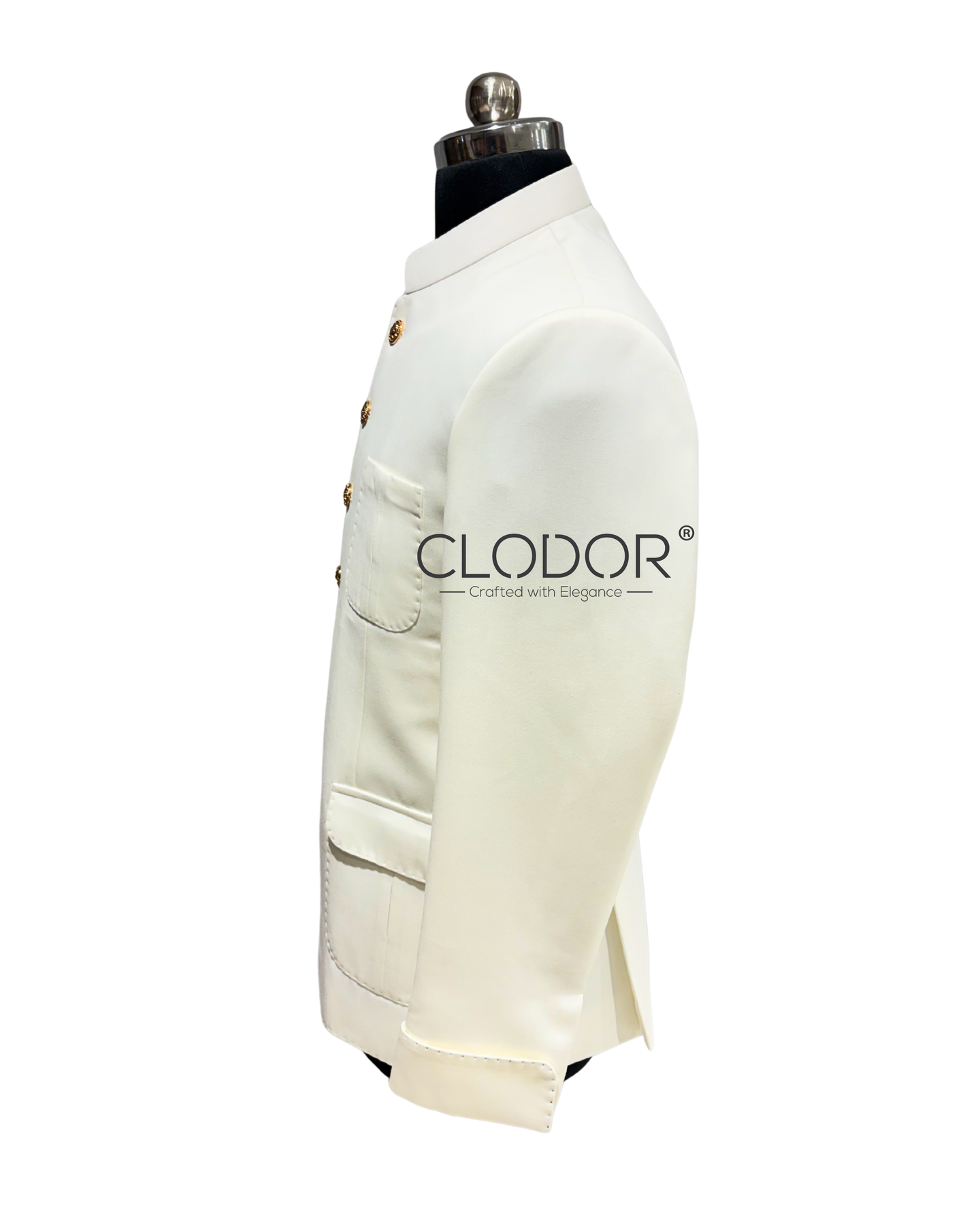 Stand collar on an ivory Bandhgala with clean tailoring and premium Japanese crepe fabric.