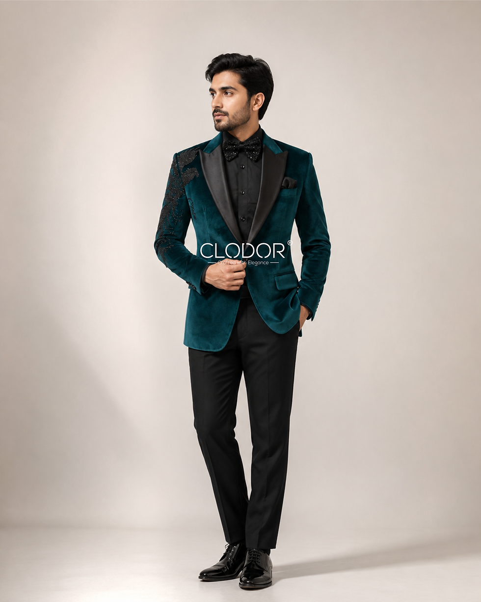 Teal Velvet Tuxedo paired with pintuck shirt, satin kamarbandh and black trousers