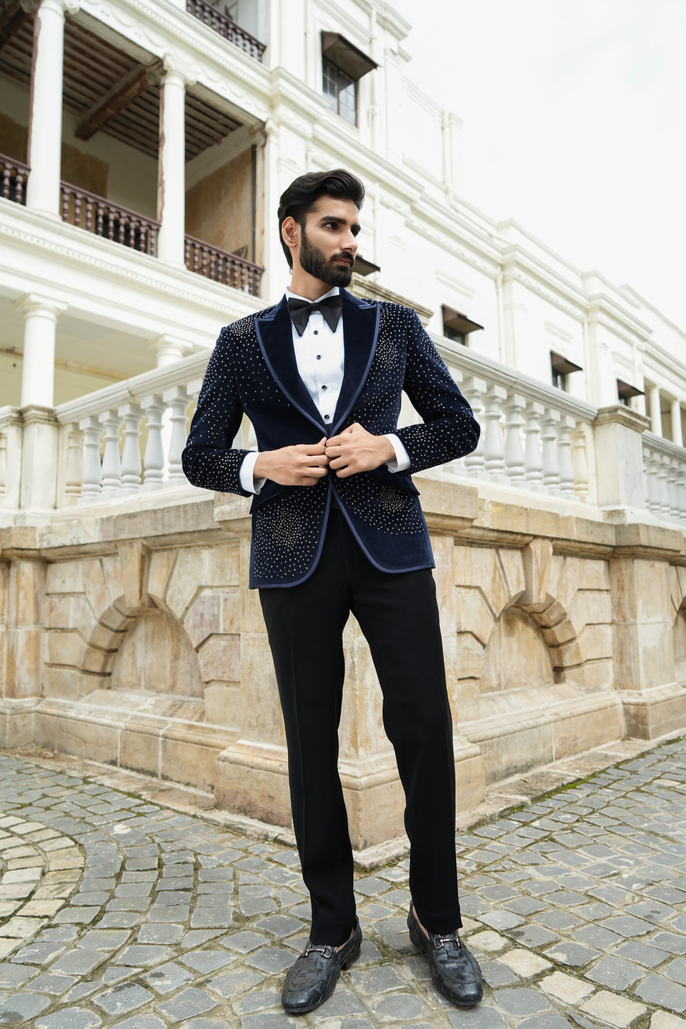 Celestial Midnight blue velvet tuxedo for men with gunmetal pearl hand embroidery and blue satin piping shawl lapel – bespoke