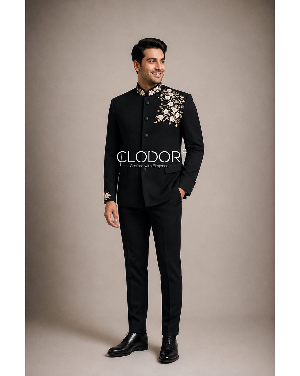 Noir Bloom black bandhgala set for men in Japanese crepe with resham hand embroidery