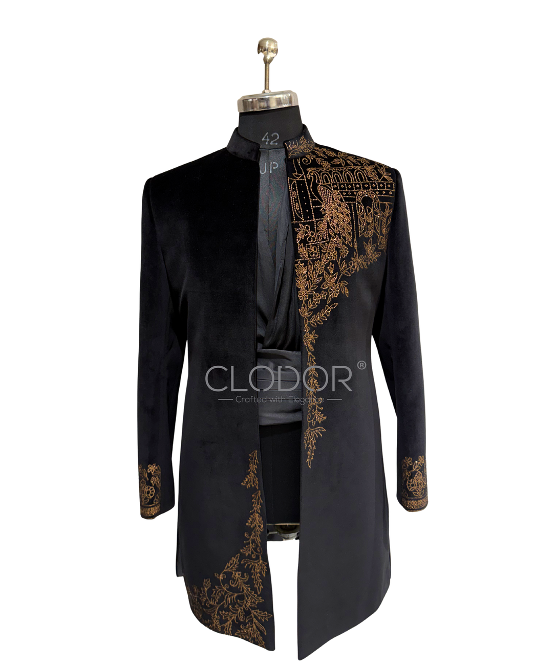 Close-up of Black Velvet Embroidered Shrug Set showcasing intricate antique gold sequin embroidery motifs