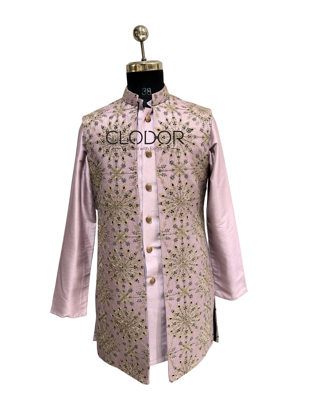 Lavender Rajvaas shrug sherwani set for men in Banaras silk with zari embroidery – bespoke by Clodor