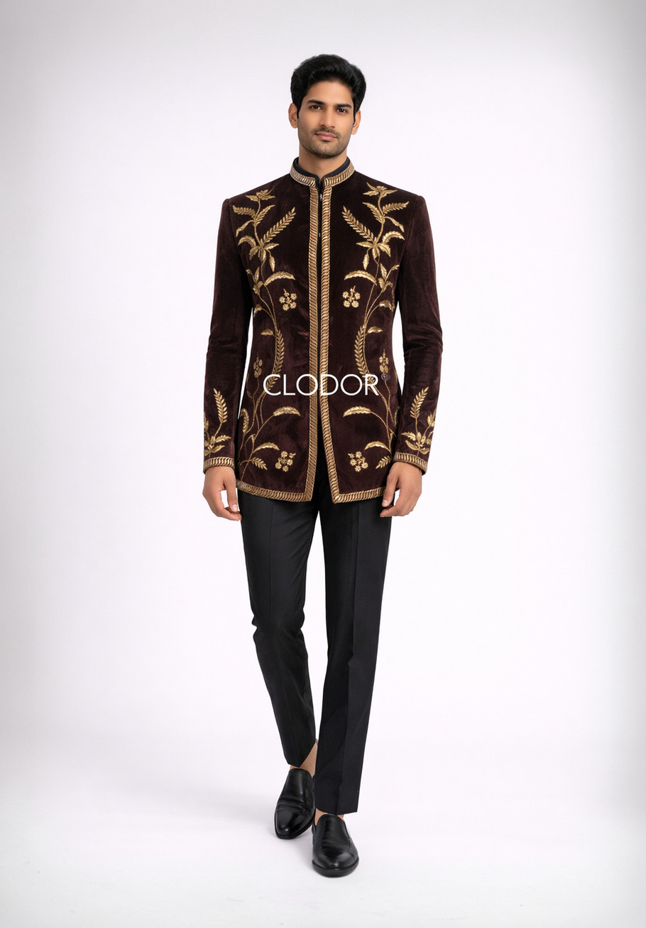 Full length maroon velvet bandhgala with black trousers – bespoke menswear by Clodor