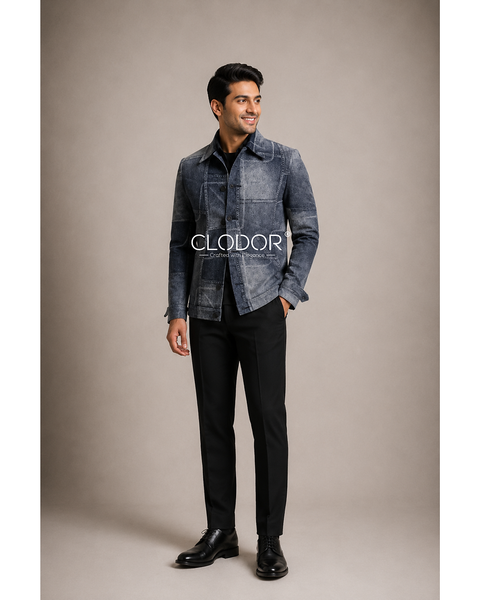 Blue denim bomber jacket with printed panel detailing and button front