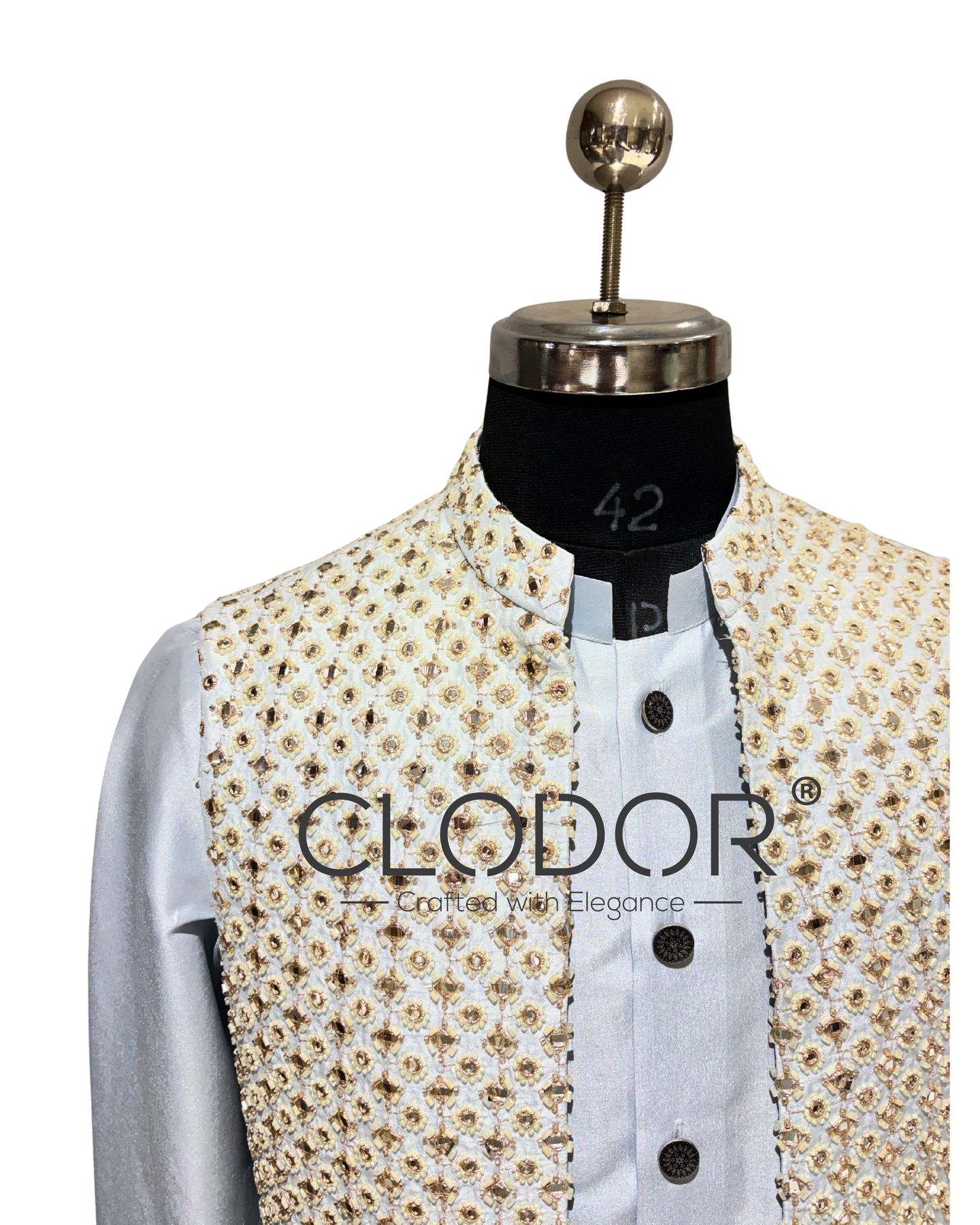 Silk-based sherwani pattern kurta of Silk Mirror Pearl Work Open Bandi Ensemble – Clodor