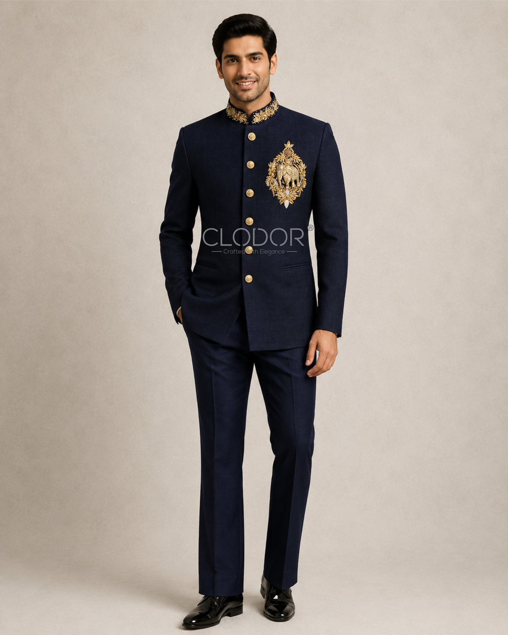 Royal Midnight Elephant Bandhgala Suit for men in imported linen with dhapka hand embroidery and elephant brooch – bespoke by