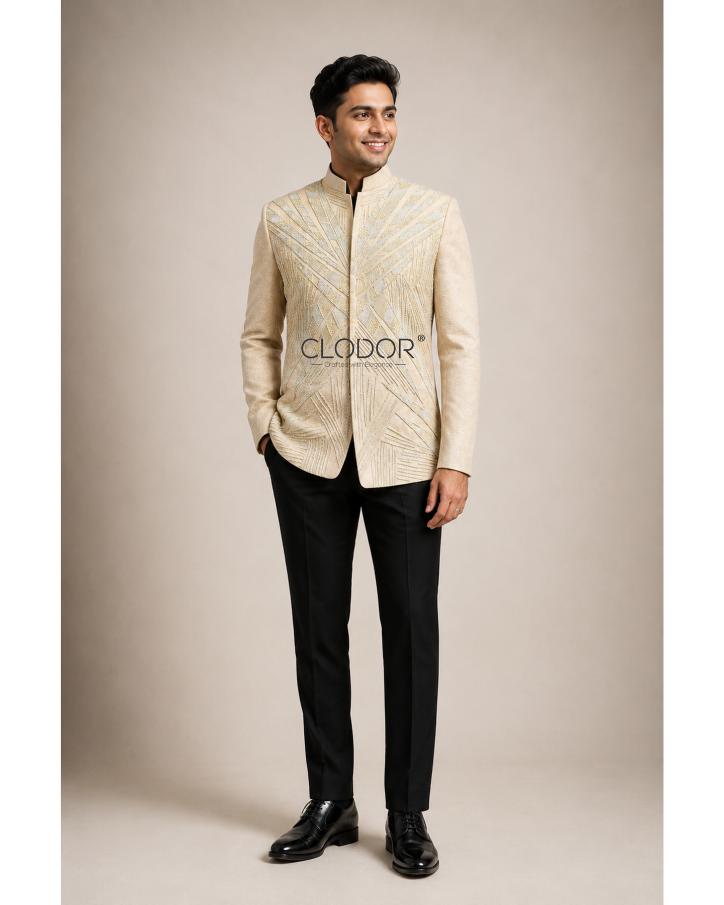 Full length ivory bandhgala set with black straight fit trousers – bespoke menswear by Clodor