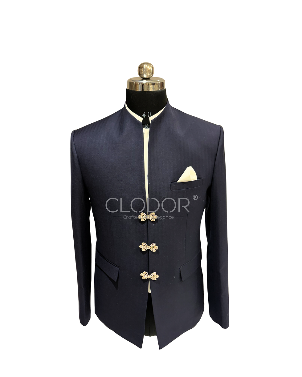 Distinctive metal brooch-style closures on midnight blue herringbone bandhgala suit – Clodor