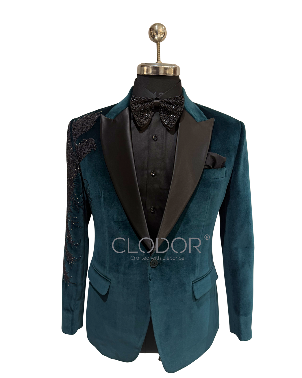 Teal Velvet Tuxedo featuring intricate eagle hand embroidery on the shoulder and sleeve