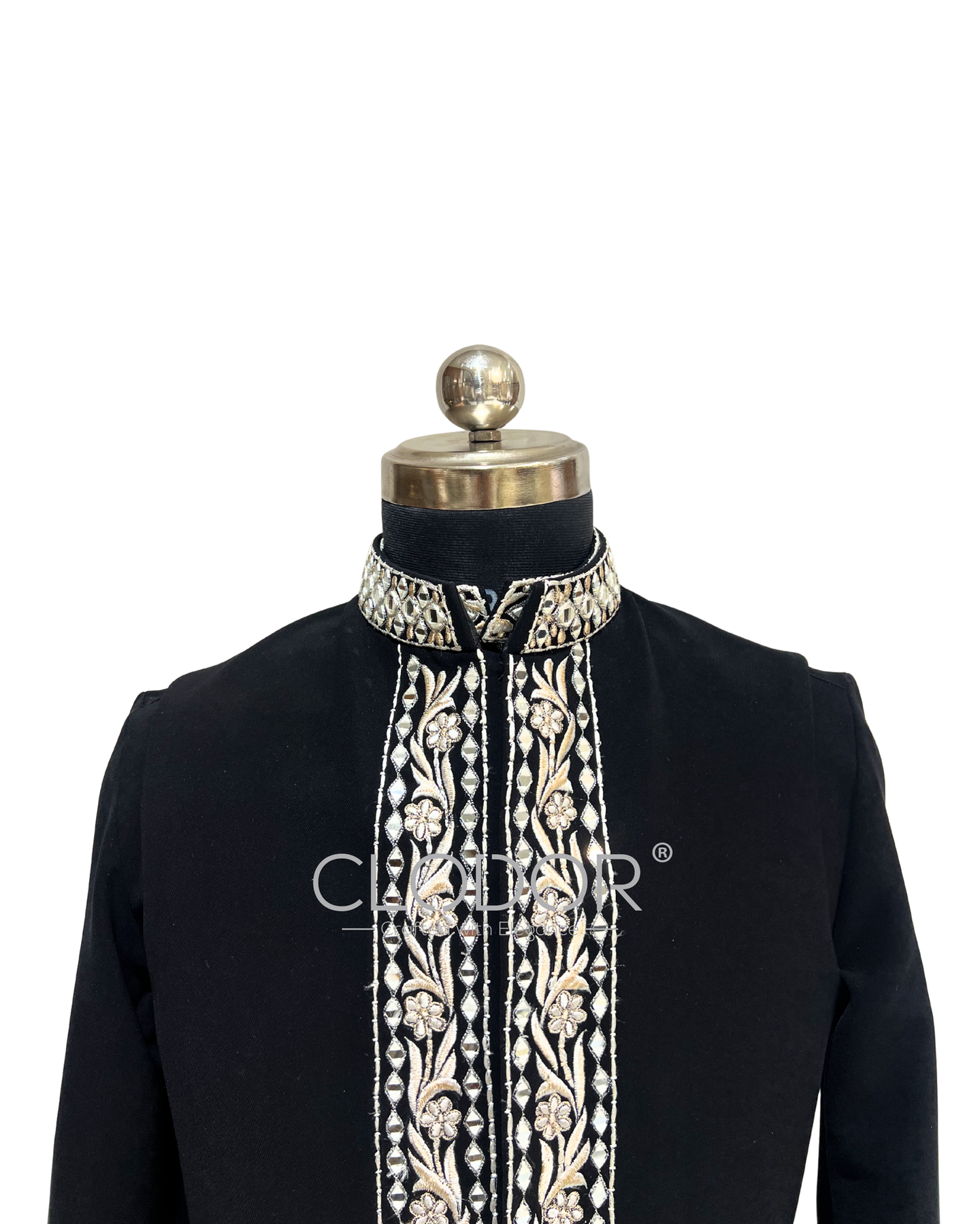 Elegant hand embroidery on stand collar and sleeve cuffs of black Japanese crepe kurta
