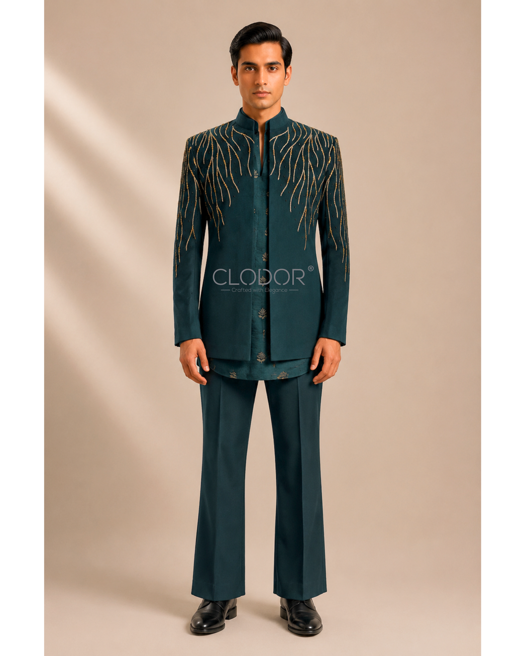 Full length teal velvet shrug set with same tone flared trousers – bespoke menswear by Clodor