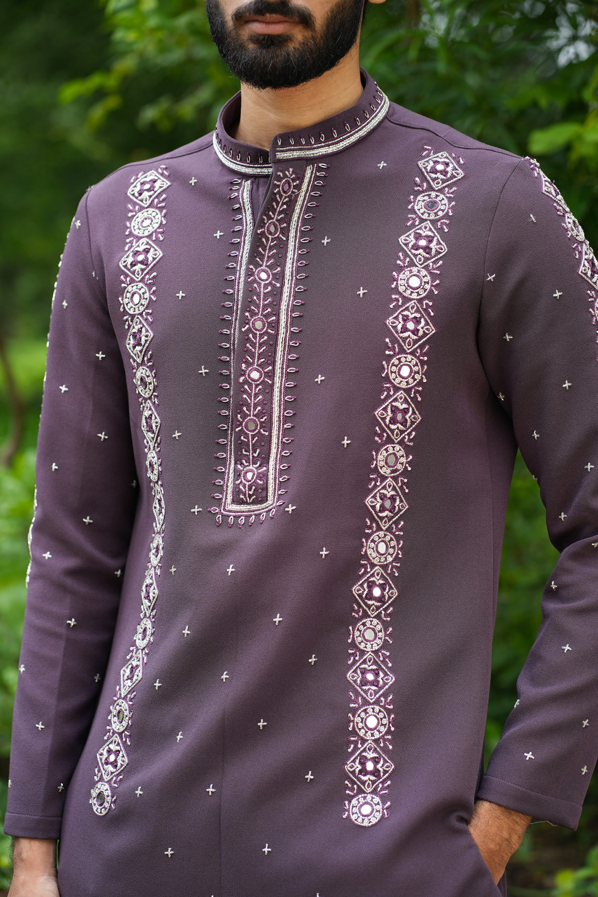 Intricate resham French knots mirror work and dapka hand embroidery on aubergine Tencel kurta