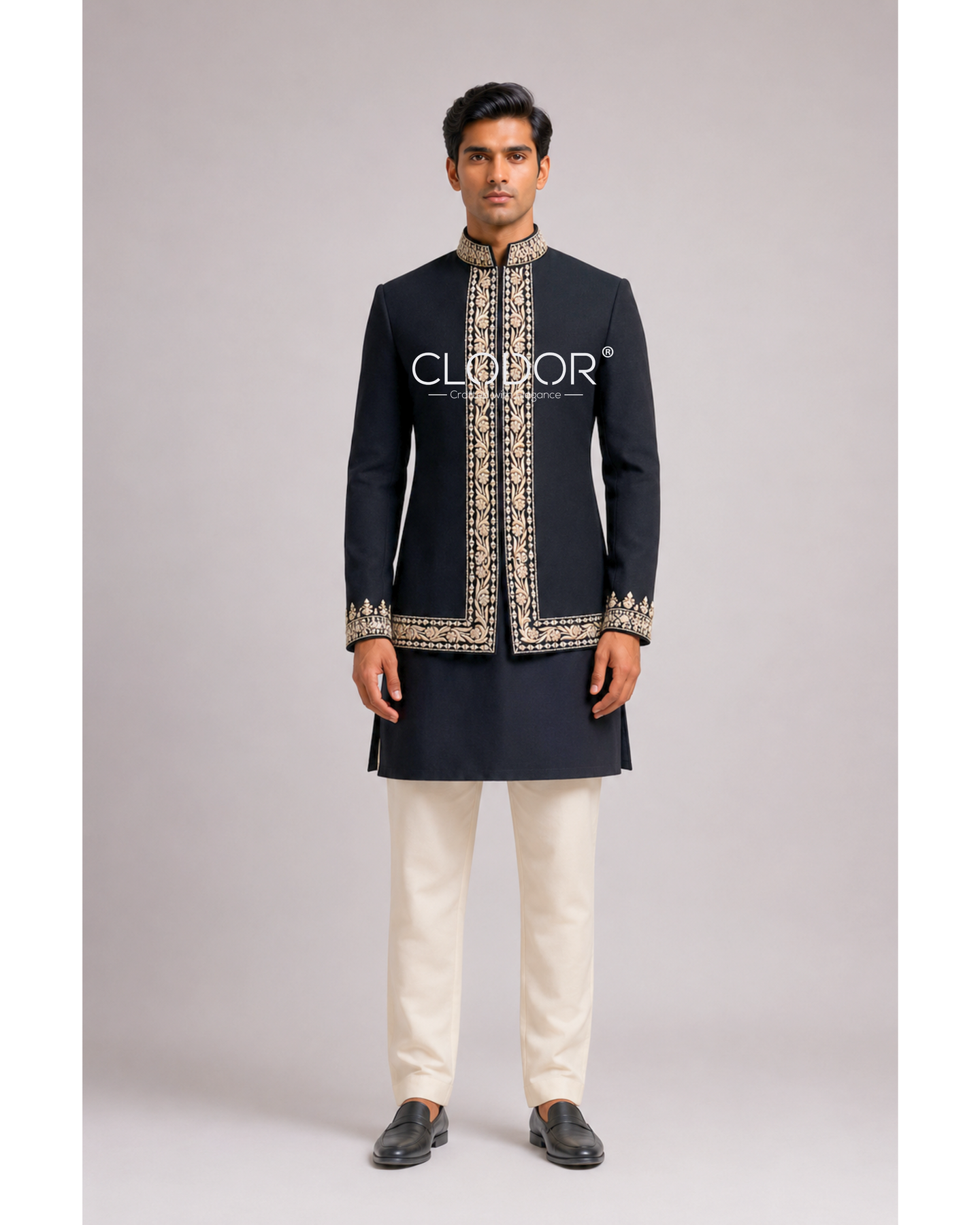 Black Mirror Embroidered Kurta Bandi Ensemble for men in Japanese crepe with beige-gold resham and mirror work