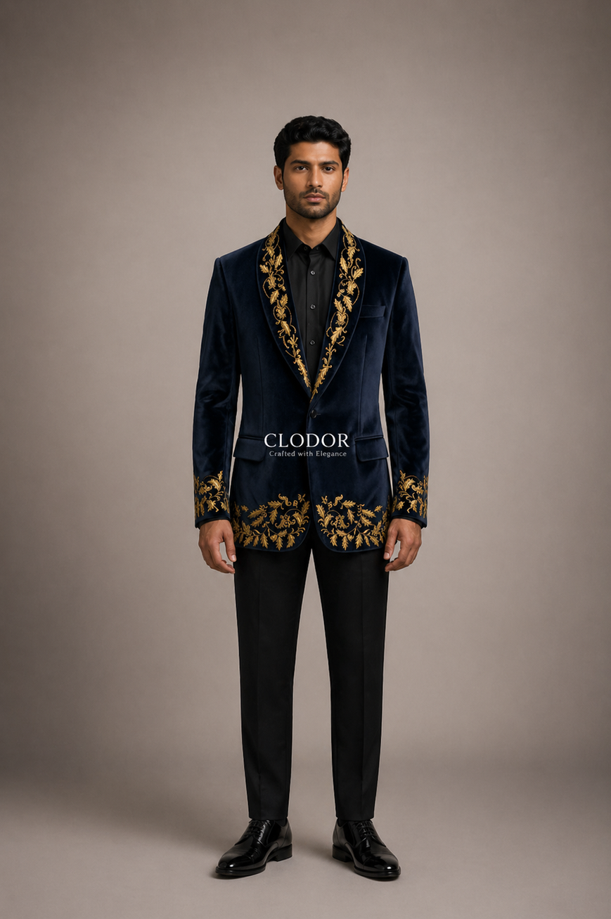 Full length navy blue velvet tuxedo jacket styled with black shirt and trousers