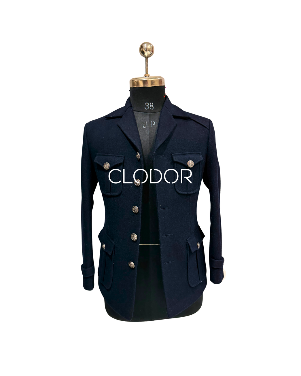 Premium metallic buttons and functional flap pockets on deep blue thick tweed safari jacket – Clodor