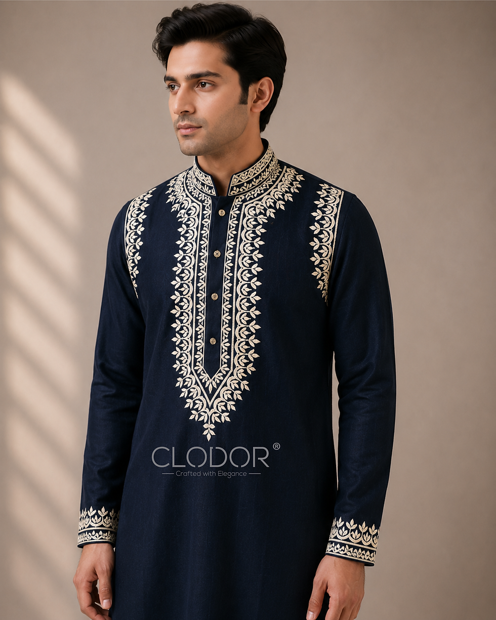 Elegant off-white resham embroidery on sleeve cuffs of midnight blue linen kurta set – Clodor