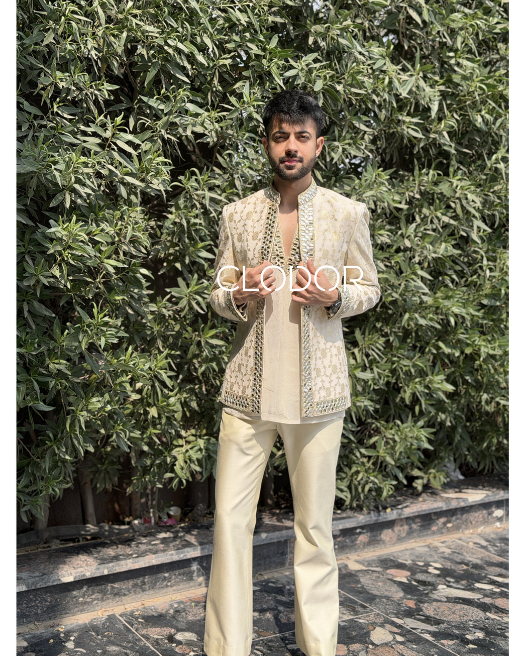 Munga Auriel silk brocade shrug set for men with mirror work lace and tissue golden kurta
