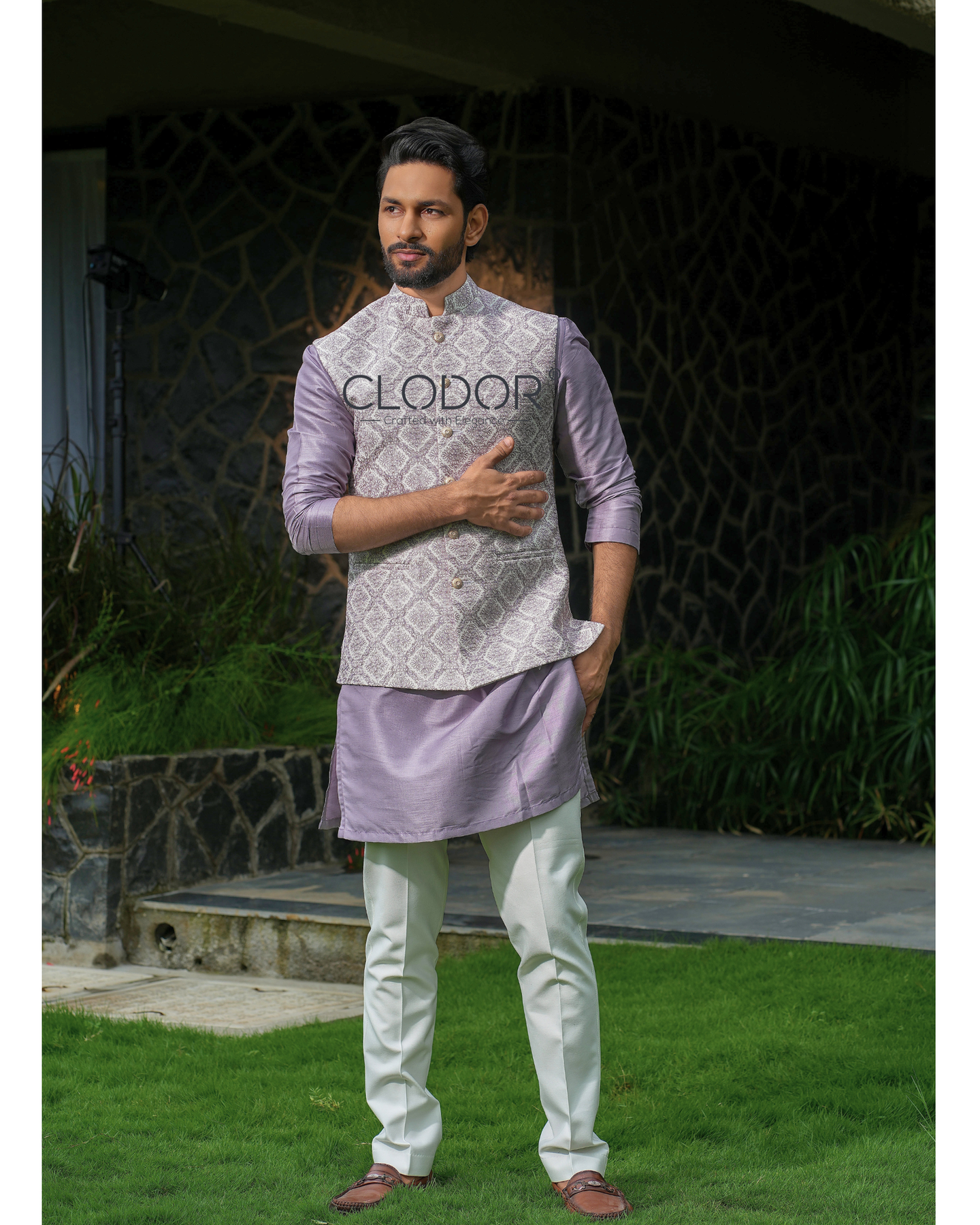 Lavender Self-Worked Silk Bandi Kurta Ensemble for men with woven self-design bandi and same-tone kurta – bespoke by Clodor