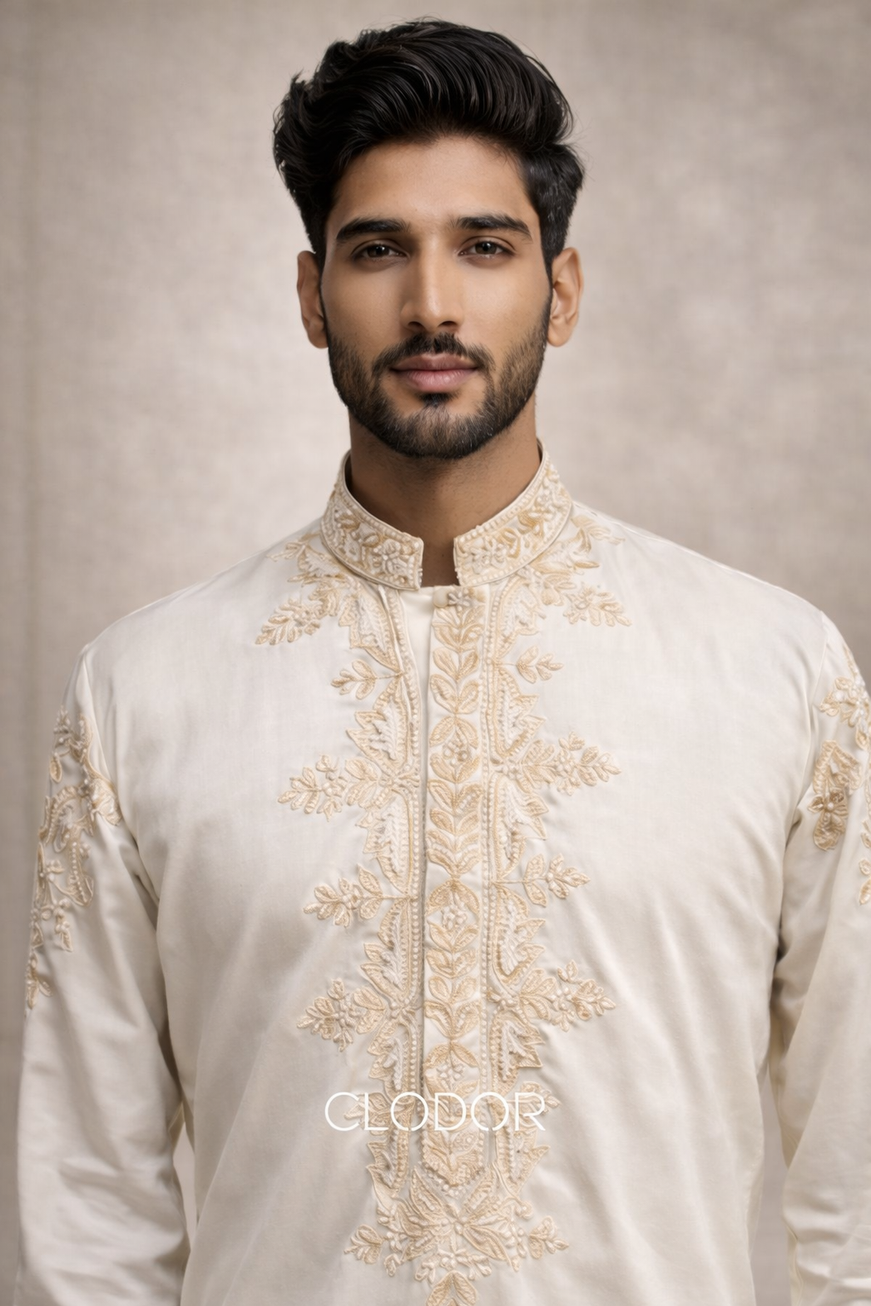 Ivory Pearl Dori Short Kurta Ensemble for men in off-white with dori and pearl hand embroidery – bespoke by Clodor