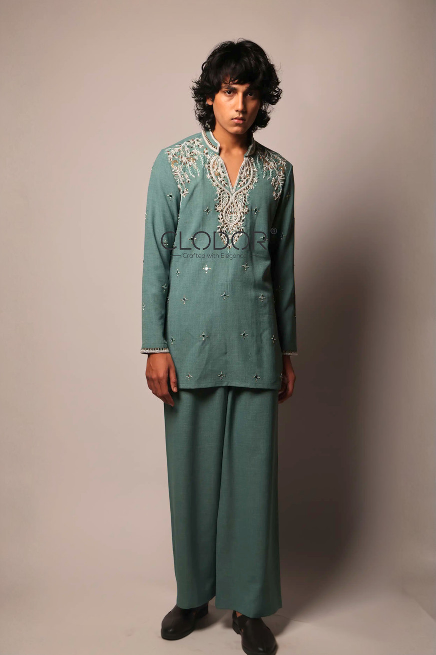 Sage Luxe sage green kurta set for men in linen with hand embroidered V-cut neckline