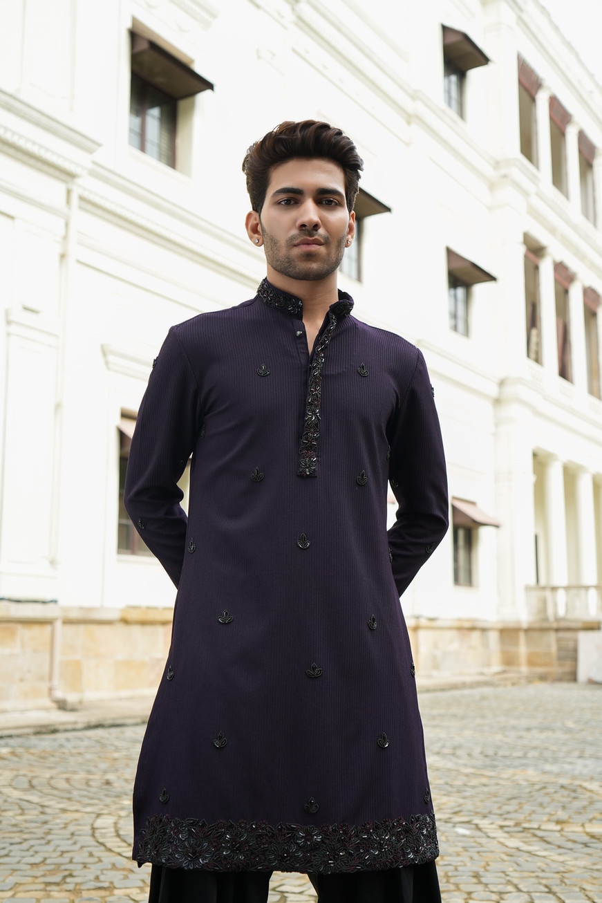 Purple wine embroidered stand collar kurta featuring tonal black handcrafted embellishment