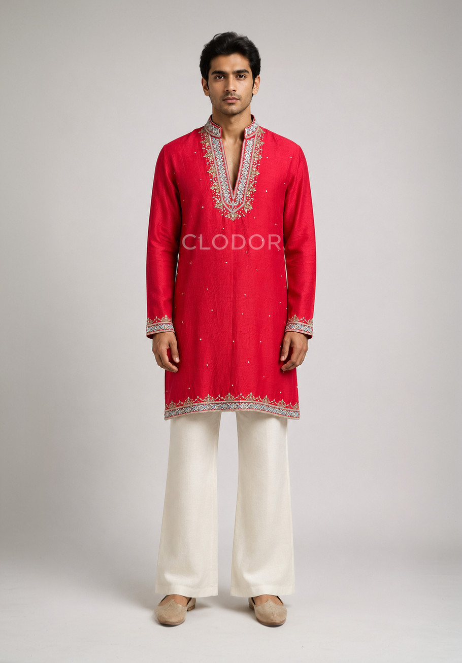 Full length pink kurta set with off-white flared trousers