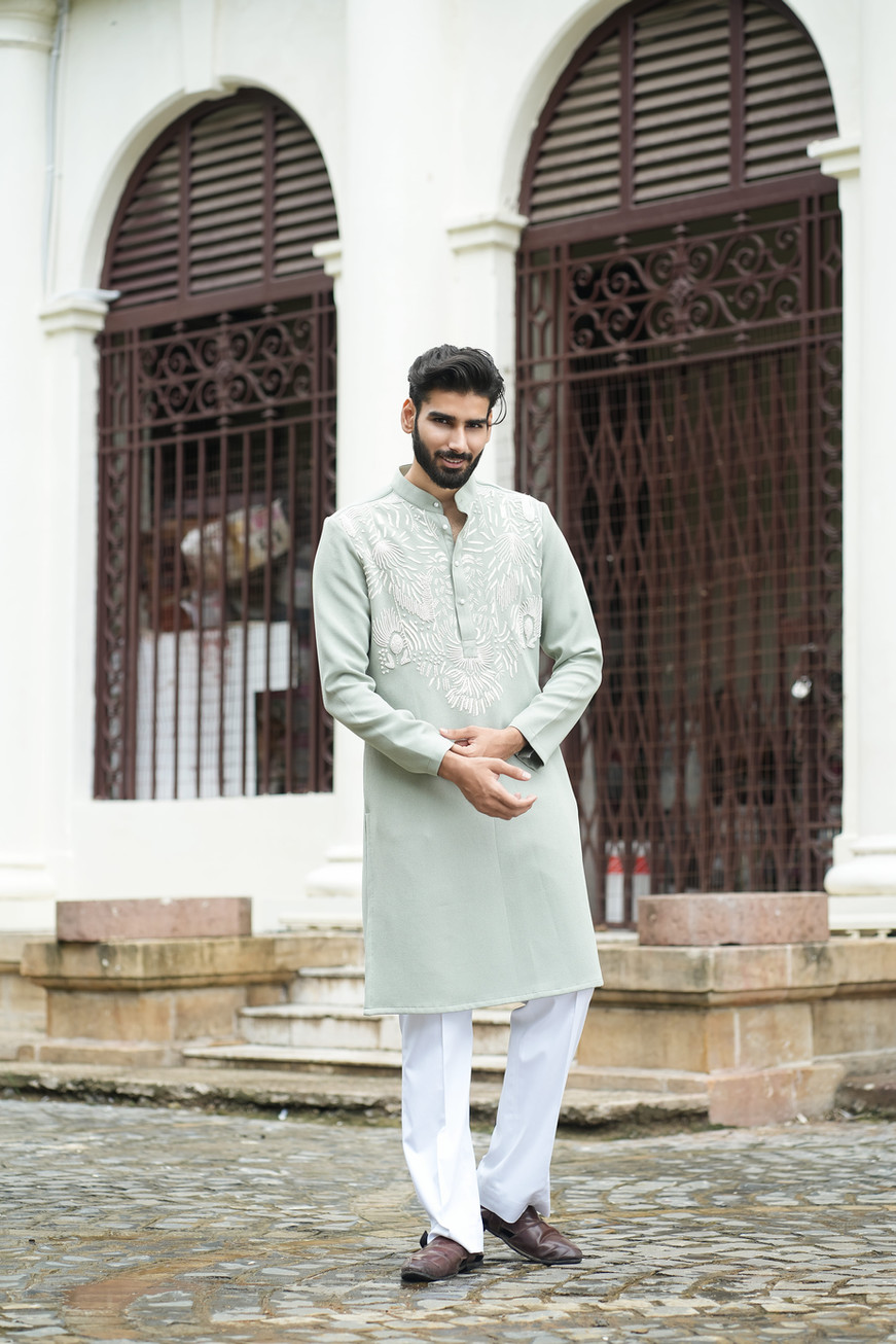 Intricate off-white pearl and anchor thread hand embroidery on front panel of sage green Tencel kurta
