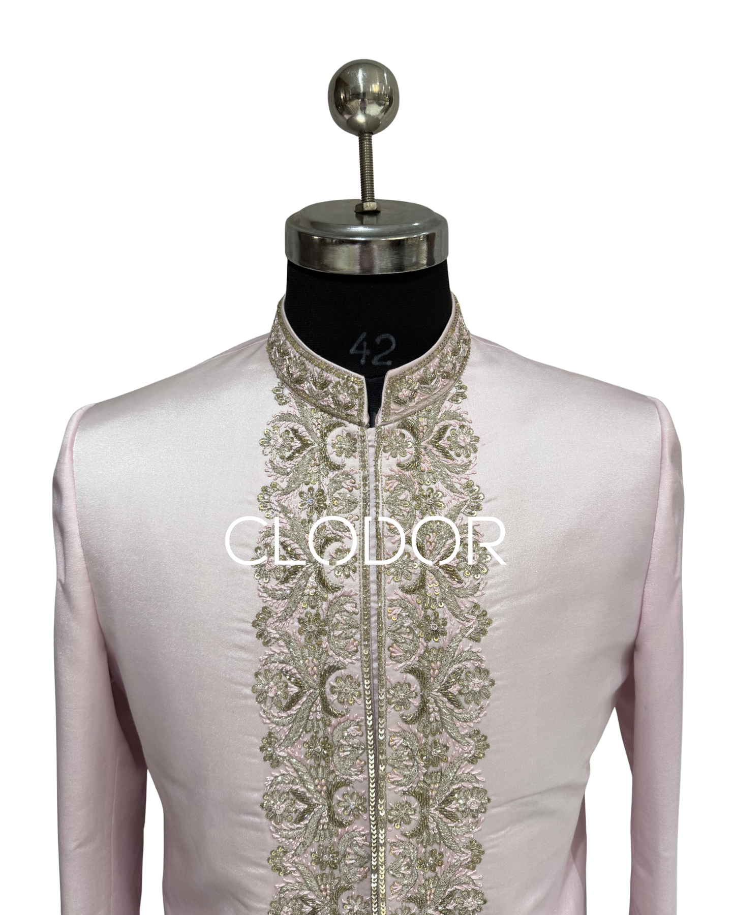 Elegant border embroidery on hem and sleeves of pink silk achkan set