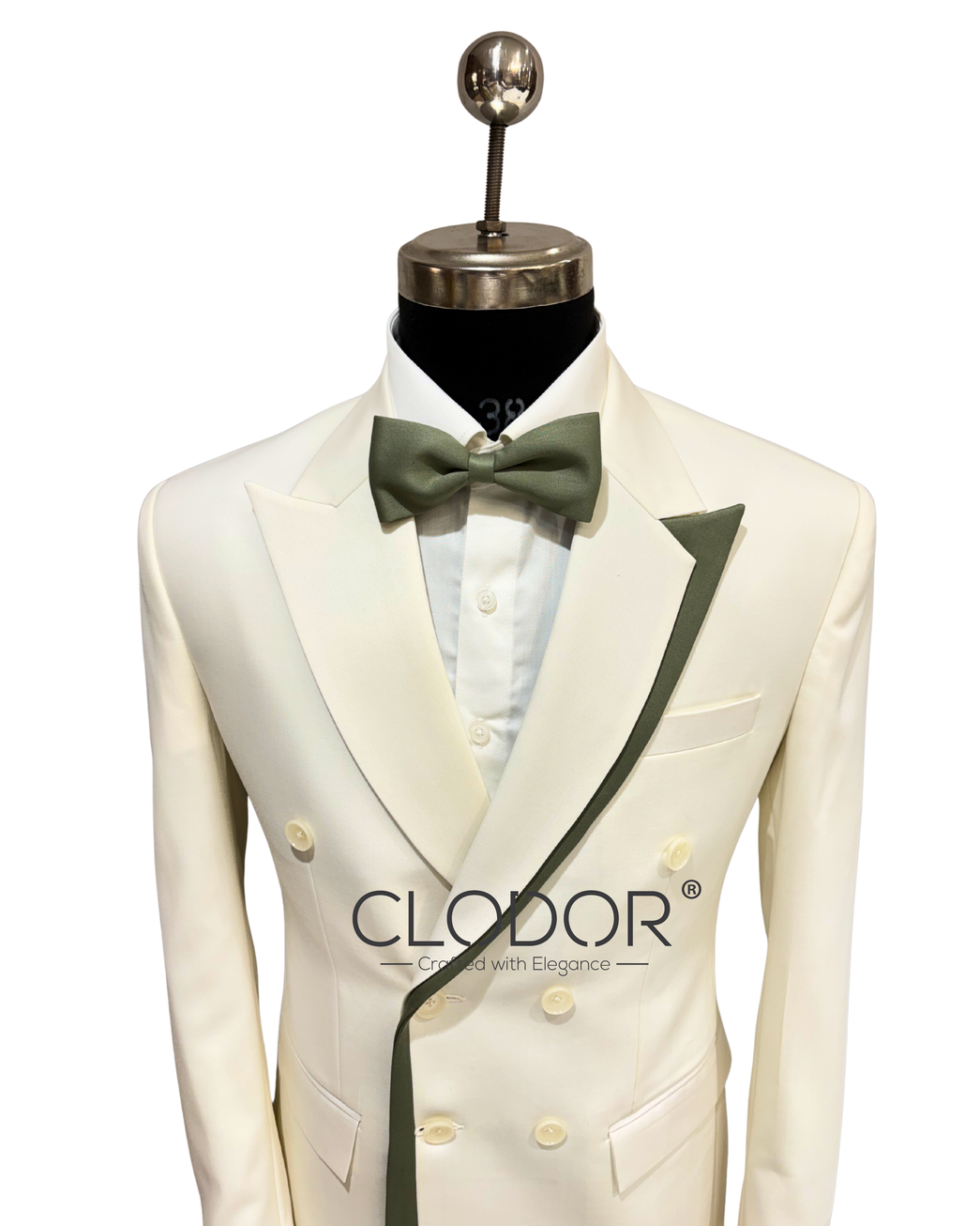 Luxury Ivory Double Breasted Suit in premium wool blend with contemporary contrast green piping and tailored trousers.
