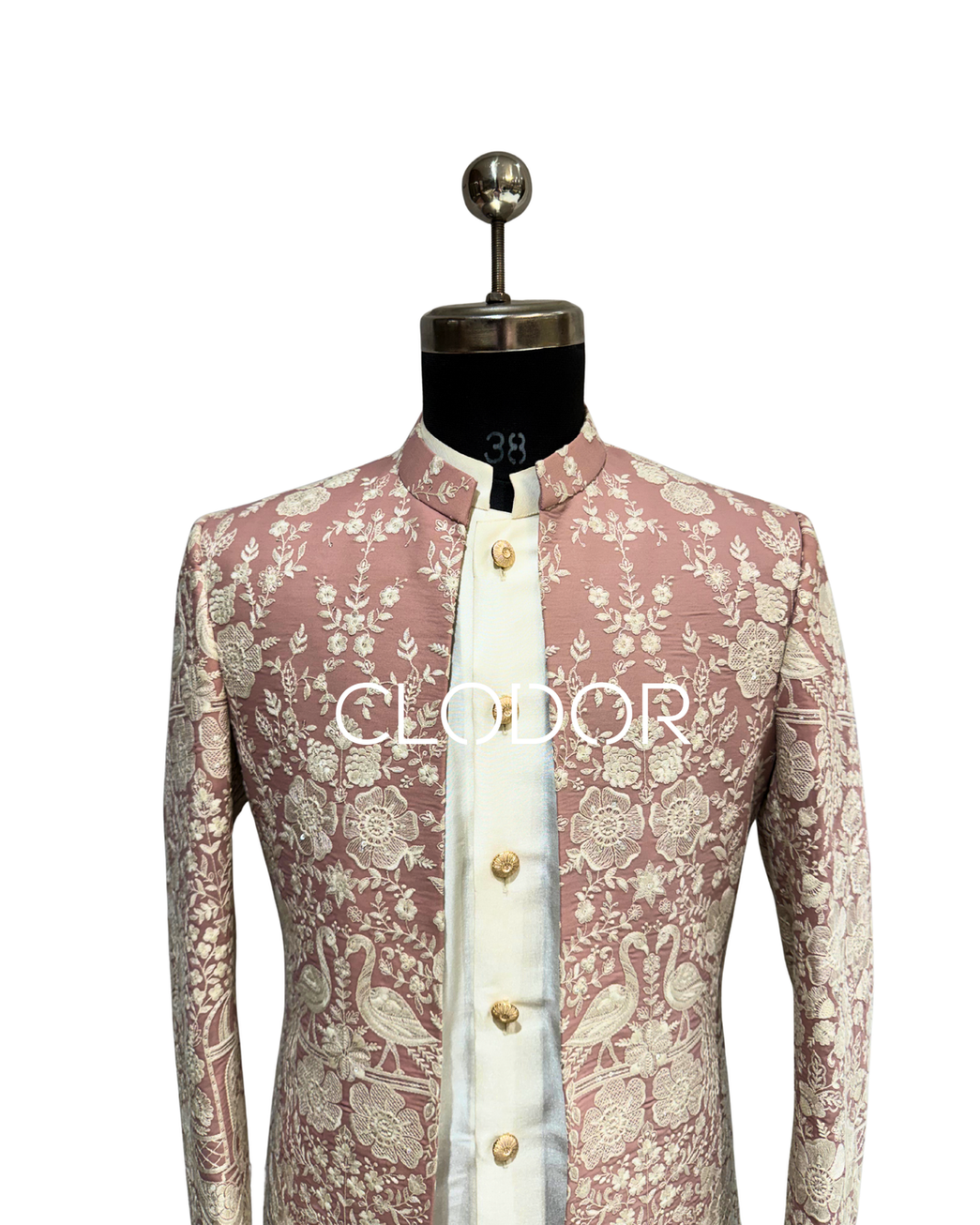 Intricate all-over embroidery detail on blush georgette long shrug