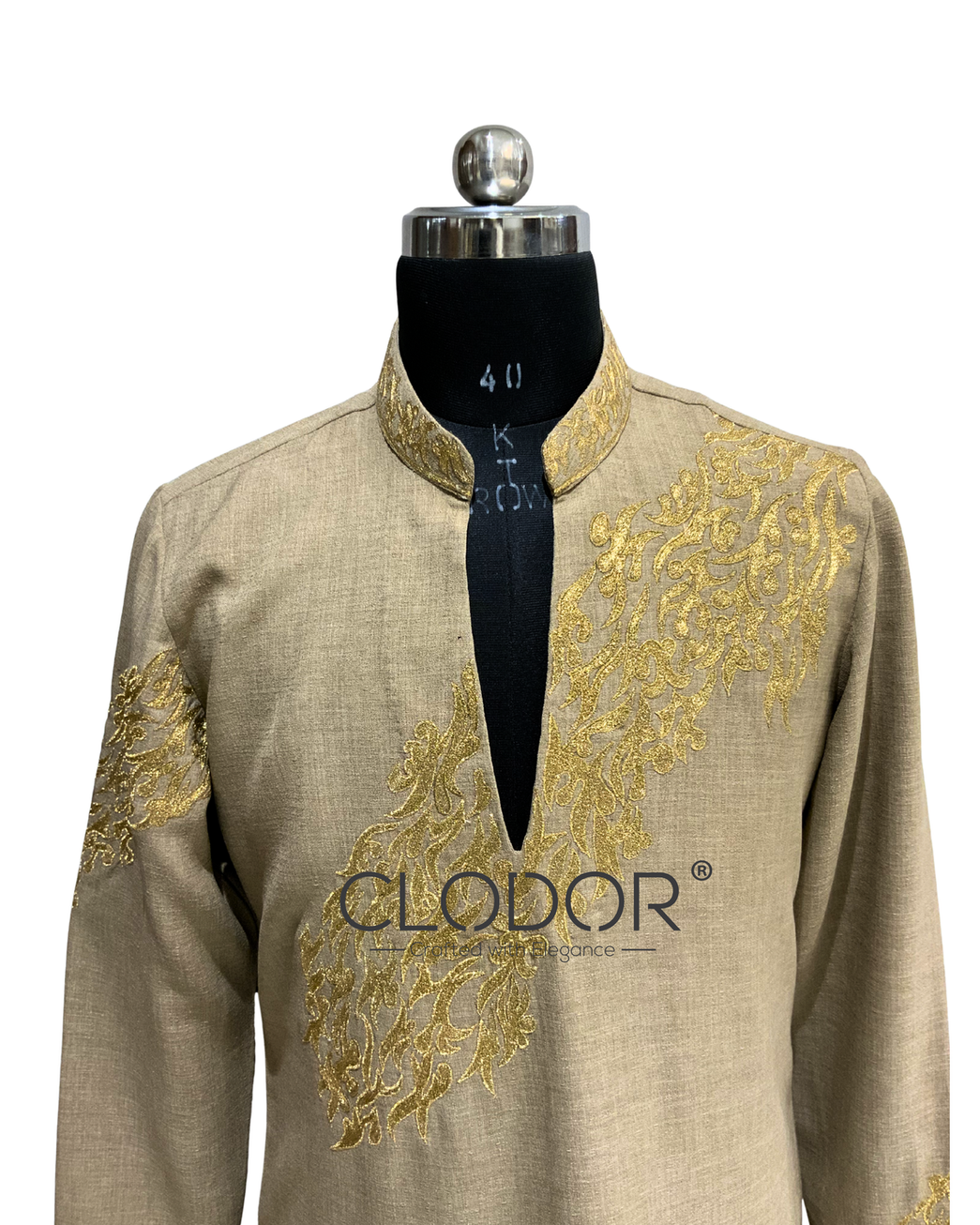 Intricate zari embroidery on earthy brown linen festive kurta – Clodor