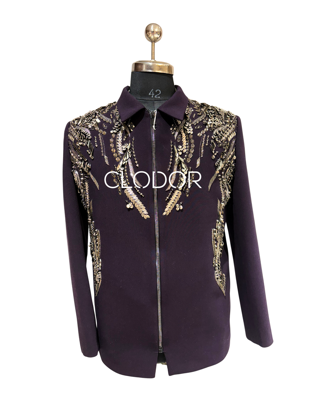 Intricate custom-cut metal hand embroidery detail on wine Japanese crepe bomber jacket – Clodor