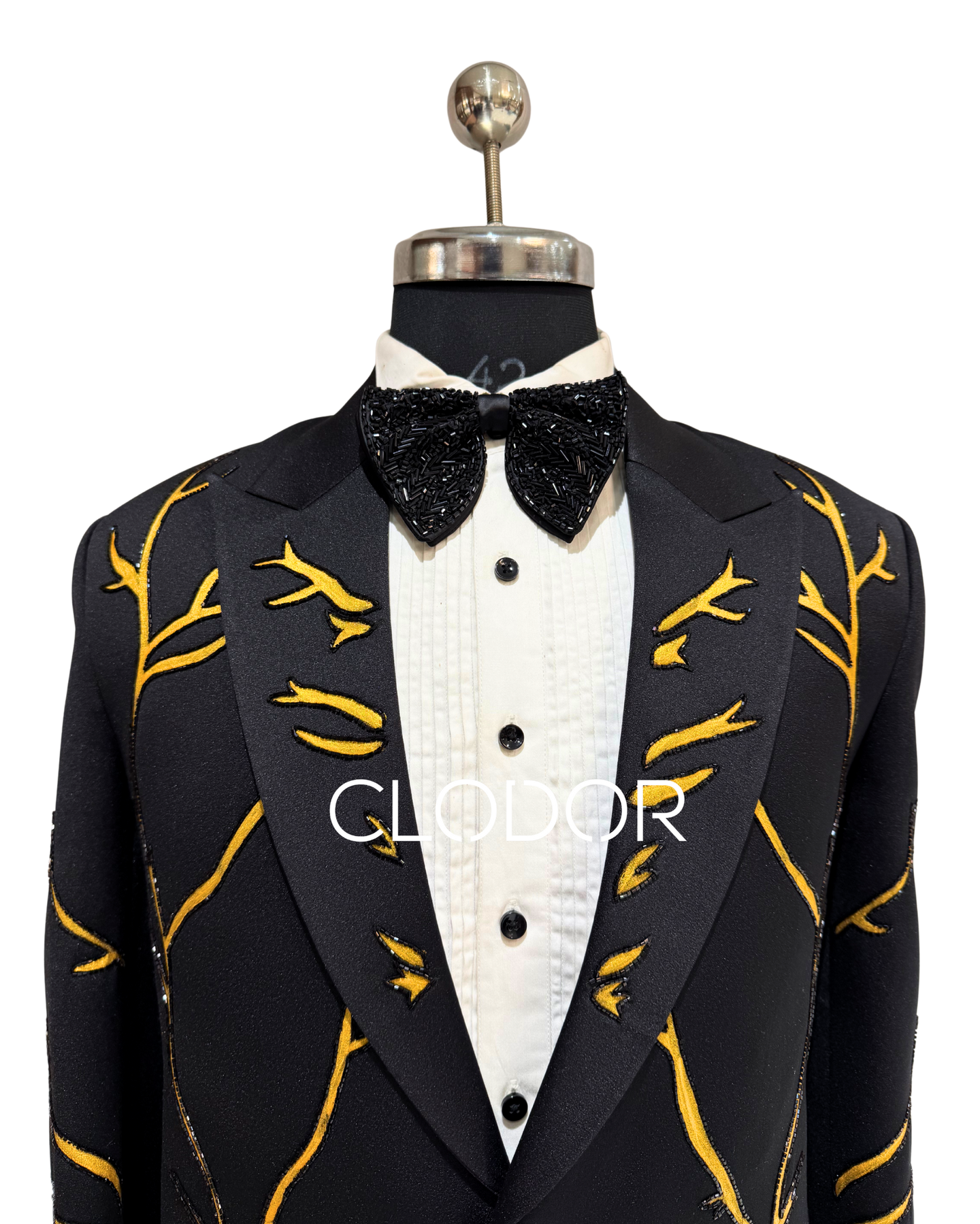 Statement stag motif with flowing hand-painted artistic elements on black Japanese fabric tuxedo – Clodor