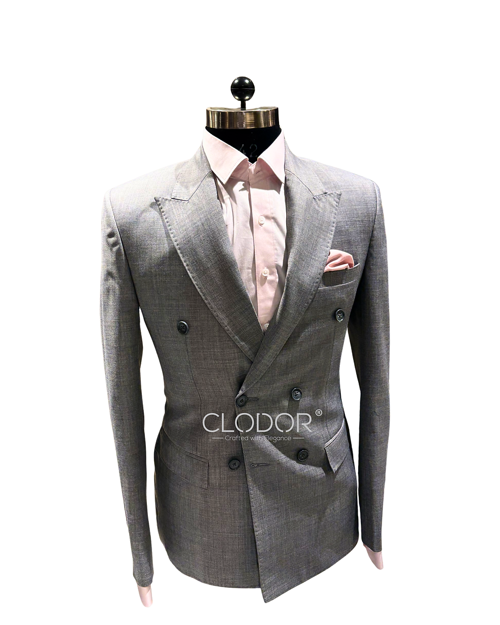 Close-up of Light Grey Double Breasted Suit showcasing hand-stitched lapel and coat edge detailing
