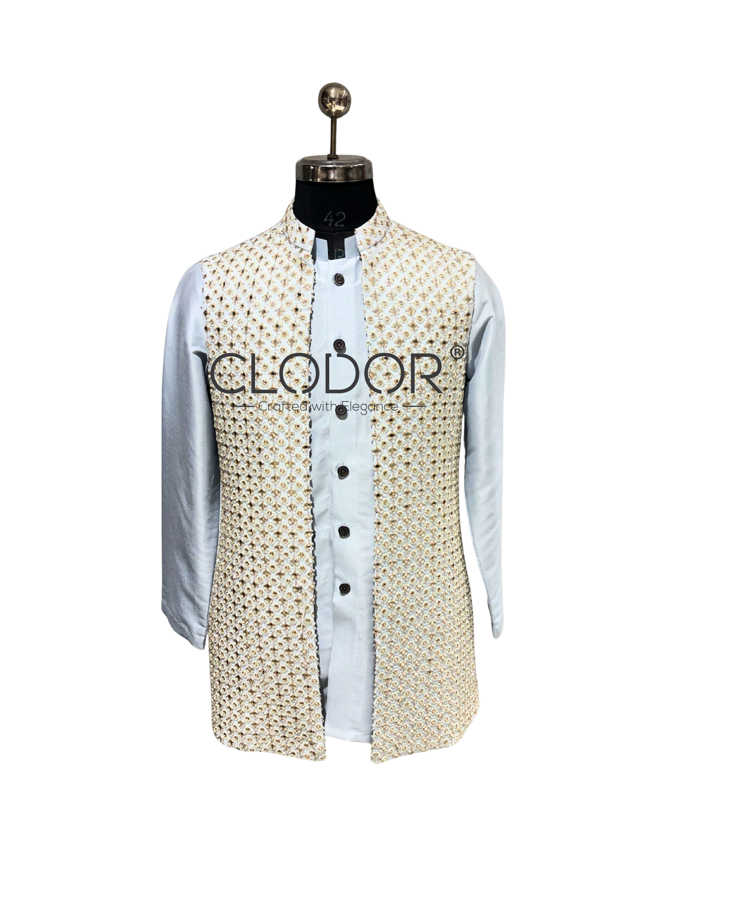 Silk Mirror Pearl Work Open Bandi Kurta Ensemble for men with hand embellished mirror and pearl work bandi – bespoke by Clodo