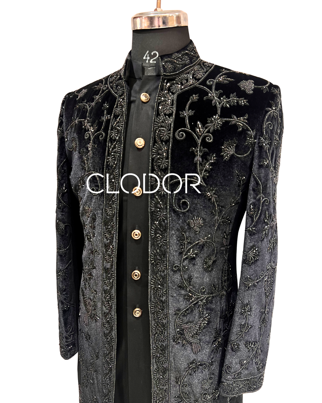 Intricate cut dana dabka and pearl vine and motif hand embroidery on black micro velvet indowestern – Clodor