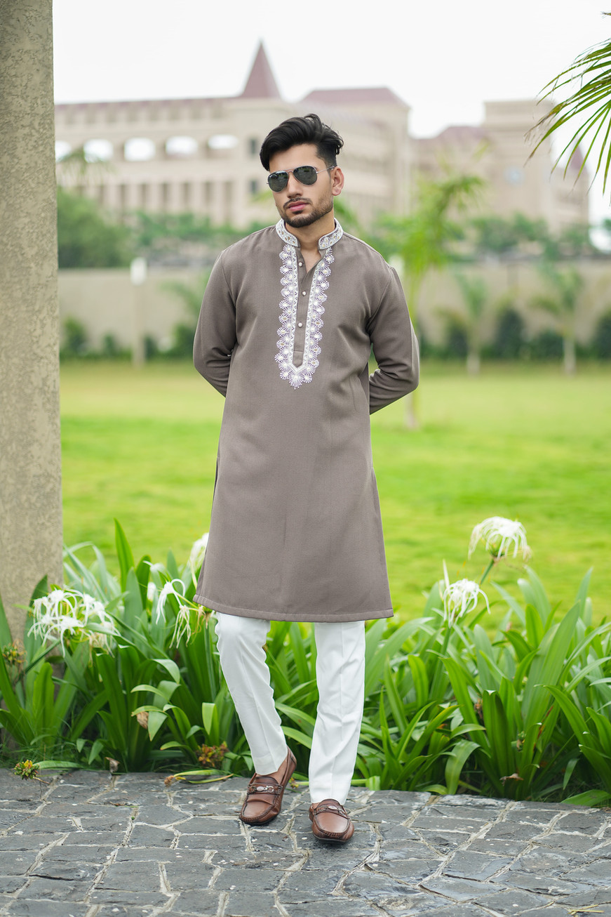 Brown Handworked Tencel Kurta Ensemble for men with hand embroidery on neckline and sleeve border – bespoke by Clodor