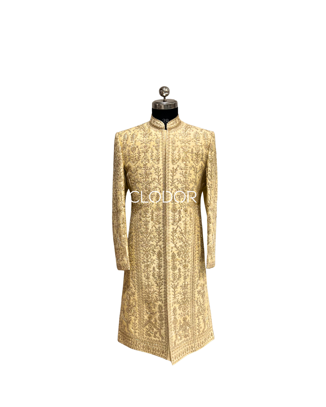 Intricate zari dori work with hand embroidered jaal pattern on golden 100gm dupion silk sherwani – Clodor