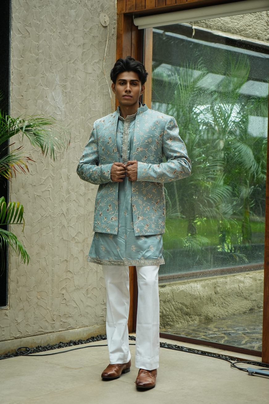 Full length blue shrug kurta set with off-white straight cut trousers – bespoke menswear by Clodor