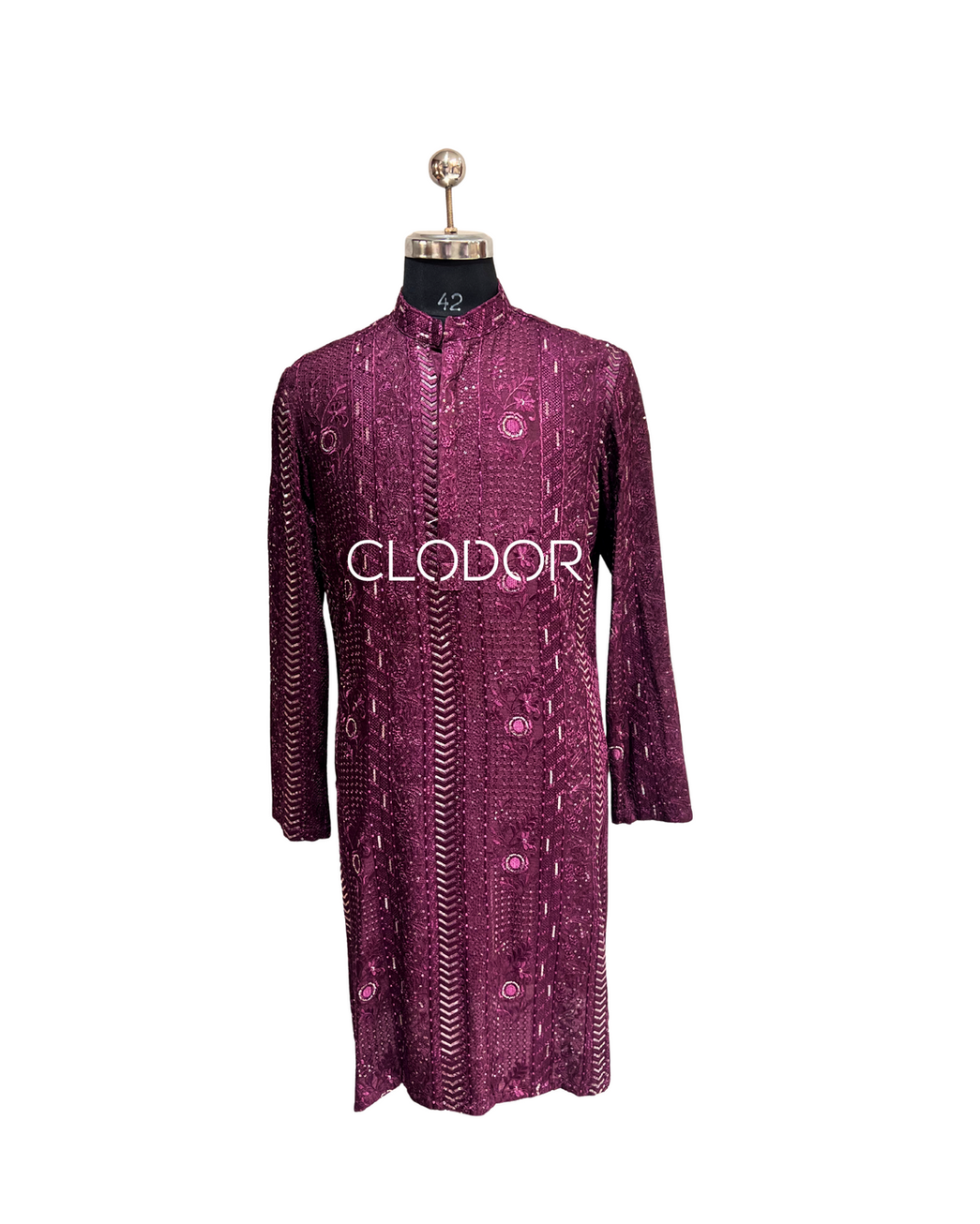 Wine Sequin Embroidered Slub Silk Kurta Ensemble for men with thread and sequin embroidery in vertical patterns – bespoke by