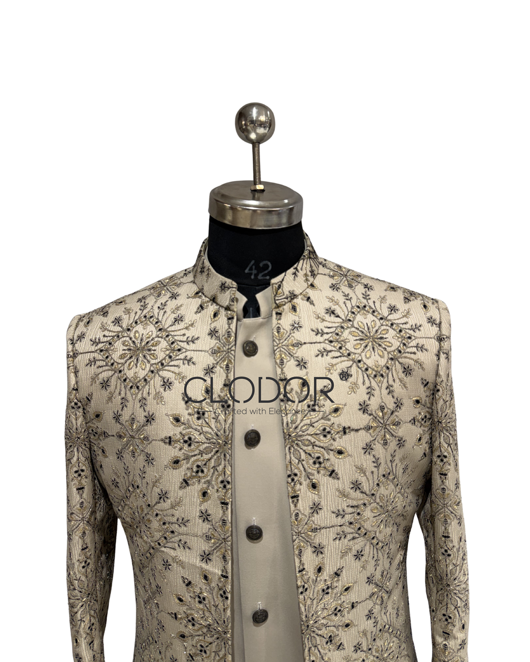 Structured sherwani pattern kurta in rich golden Banaras silk – bespoke menswear by Clodor