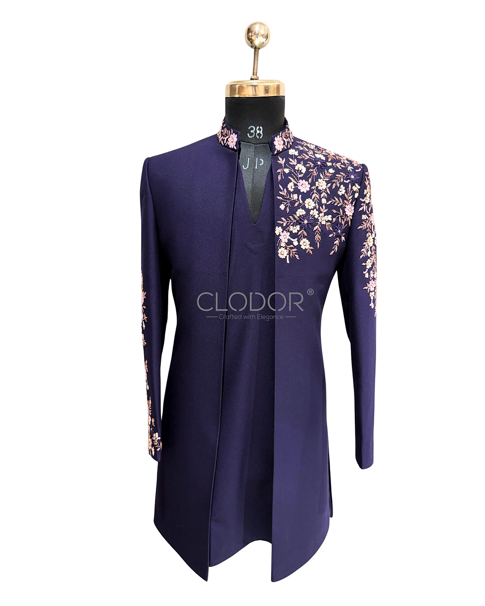 Amethyst Luxe purple wine shrug kurta set for men with cutdana resham and pearl hand embroidery on asymmetric shrug – bespoke